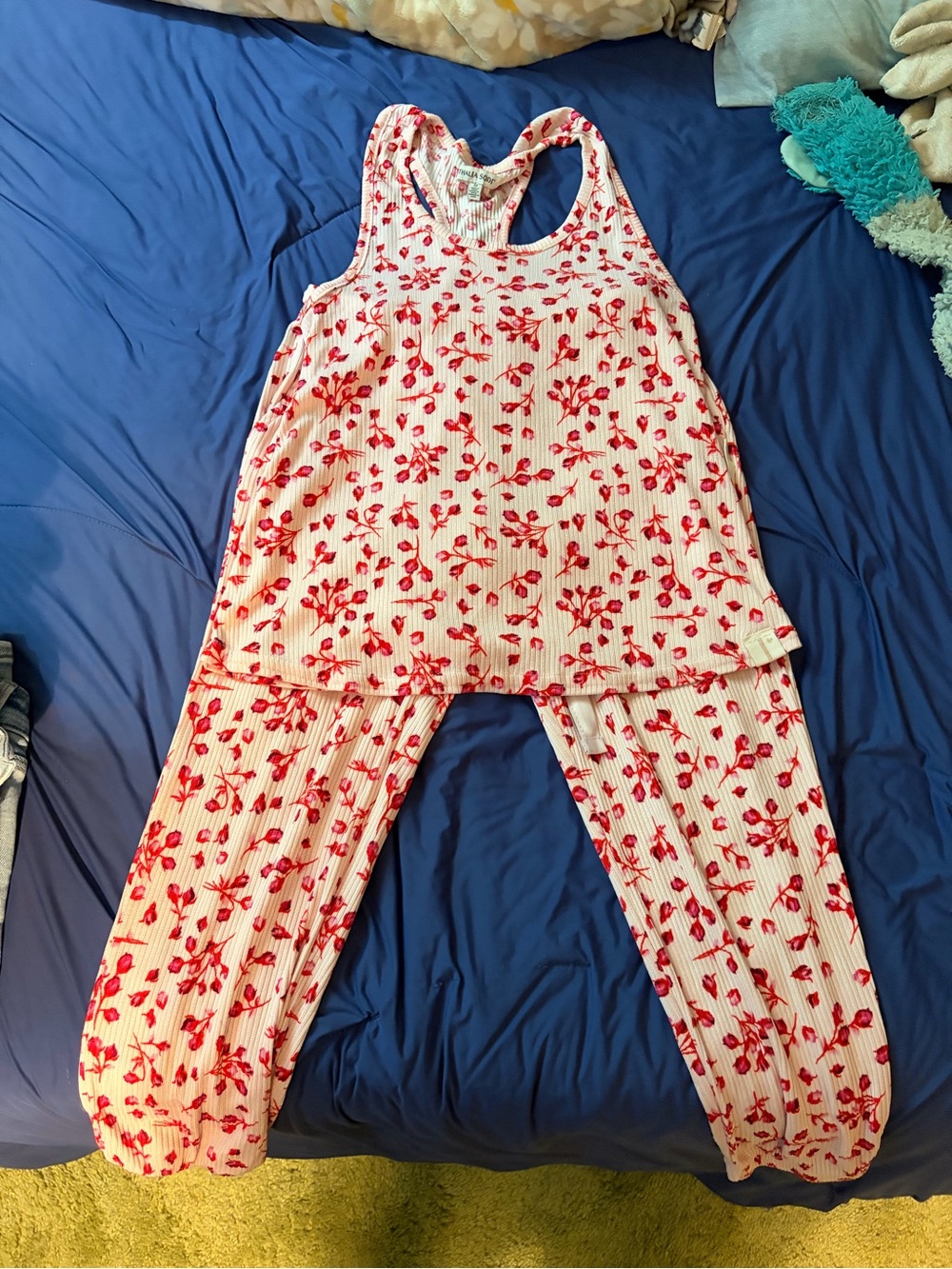 Women’s Pink and red  Floral Tank & Pant Pajama Set. Pants are ankle pants.
